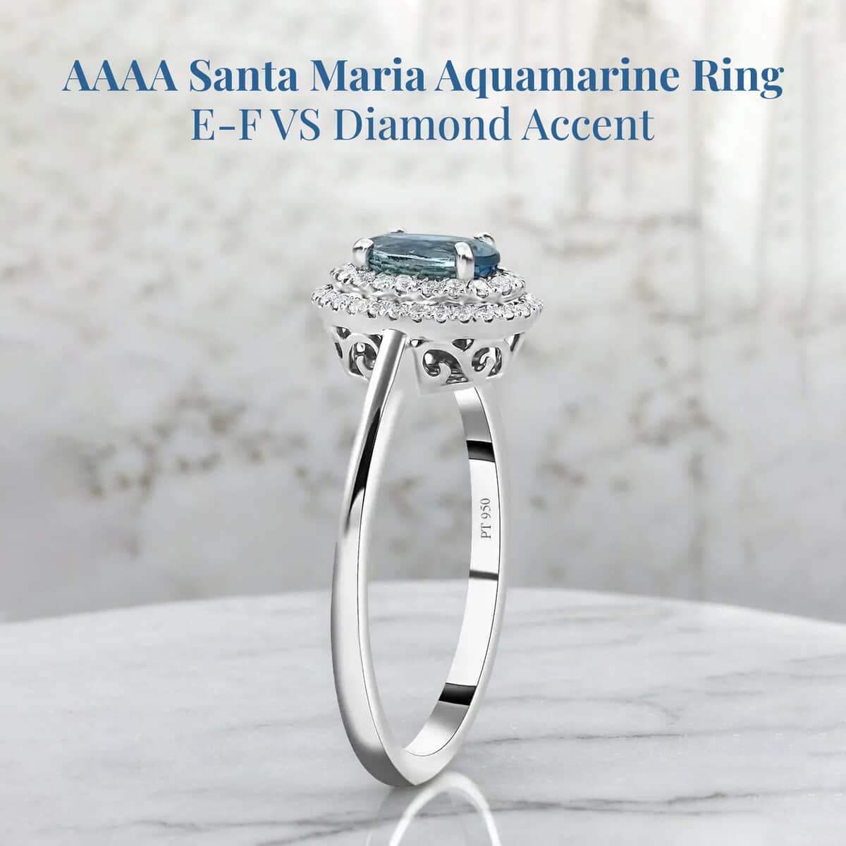 Certified & Appraised Rhapsody AAAA Santa Maria Aquamarine and E-F VS Diamond 1.00 ctw Ring in 950 Platinum (Size 10.0) 5.10 Grams image number 2