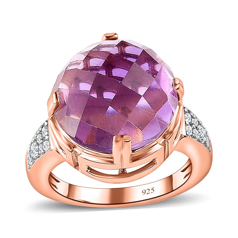 Rose De France Amethyst and White Zircon 9.50 ctw Ring in 14K RG Over Sterling Silver (Size 9.0)