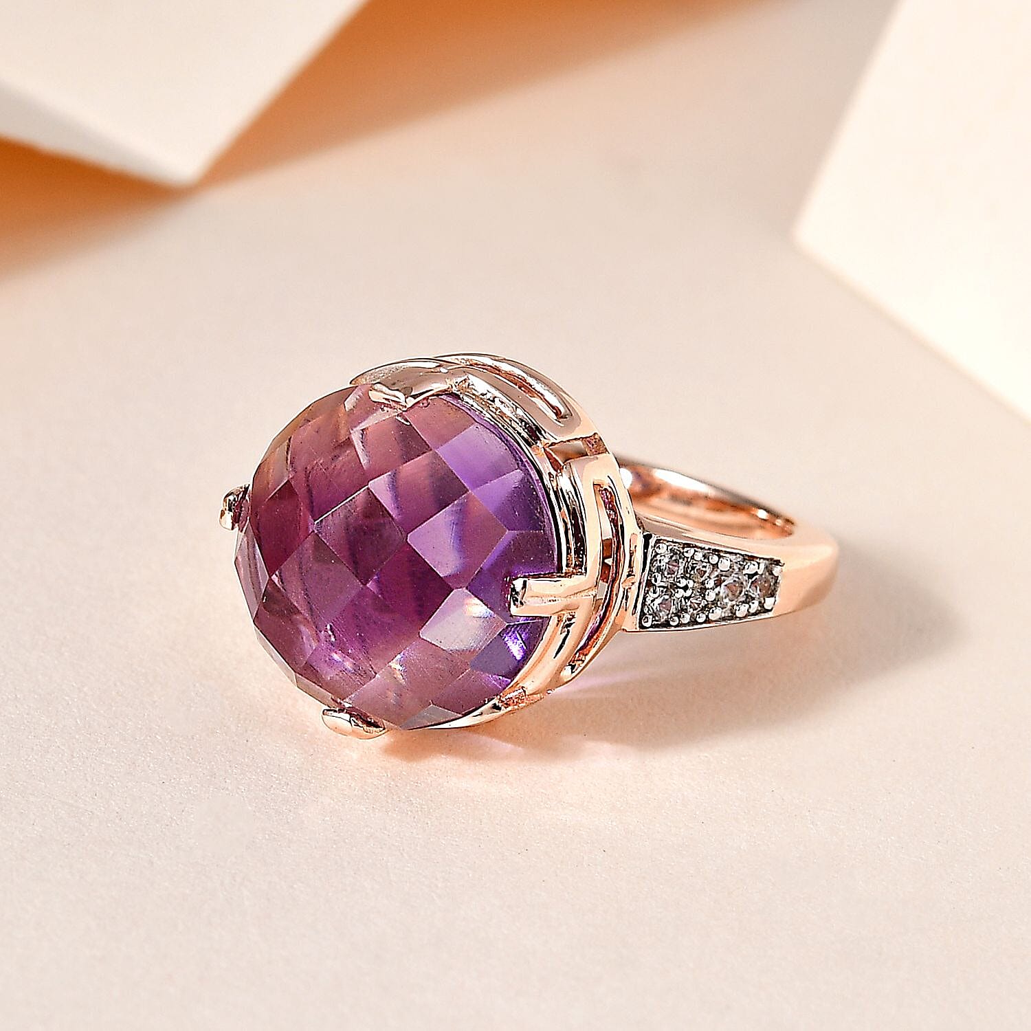Rose De France Amethyst and White Zircon 9.50 ctw Ring in 14K RG Over Sterling Silver (Size 9.0)