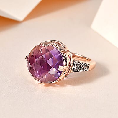 Rose De France Amethyst and White Zircon 9.50 ctw Ring in 14K RG Over Sterling Silver (Size 9.0)