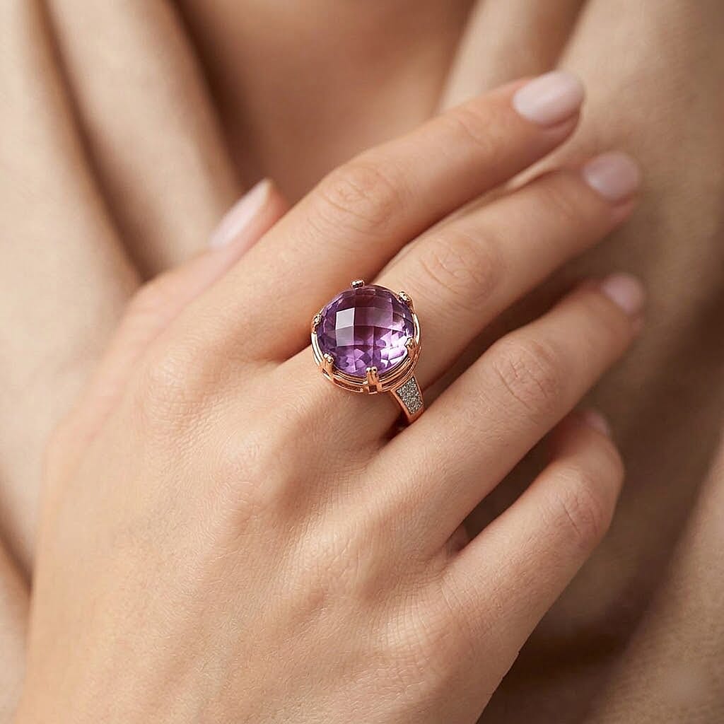 Rose De France Amethyst and White Zircon 9.50 ctw Ring in 14K RG Over Sterling Silver (Size 9.0)