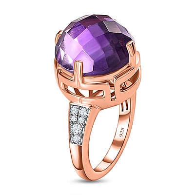 Rose De France Amethyst and White Zircon 9.50 ctw Ring in 14K RG Over Sterling Silver (Size 9.0)