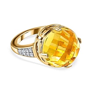 Green Gold Quartz and White Zircon 9.53 ctw Ring in 14K YG Over Sterling Silver (Size 9.0)