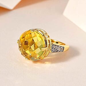 Green Gold Quartz and White Zircon 9.53 ctw Ring in 14K YG Over Sterling Silver (Size 9.0)