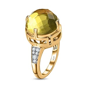 Green Gold Quartz and White Zircon 9.53 ctw Ring in 14K YG Over Sterling Silver (Size 9.0)