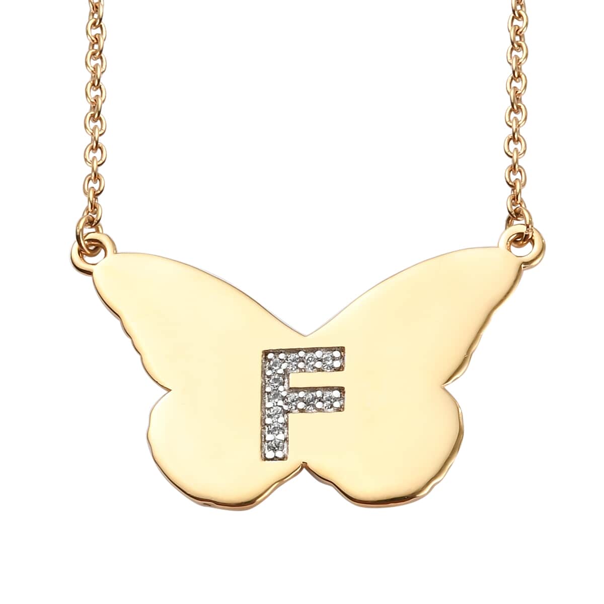 KARIS Zircon Butterfly Initial F Necklace (18 Inches) in 18K YG Plated and ION Plated YG Stainless Steel 0.10 ctw image number 0