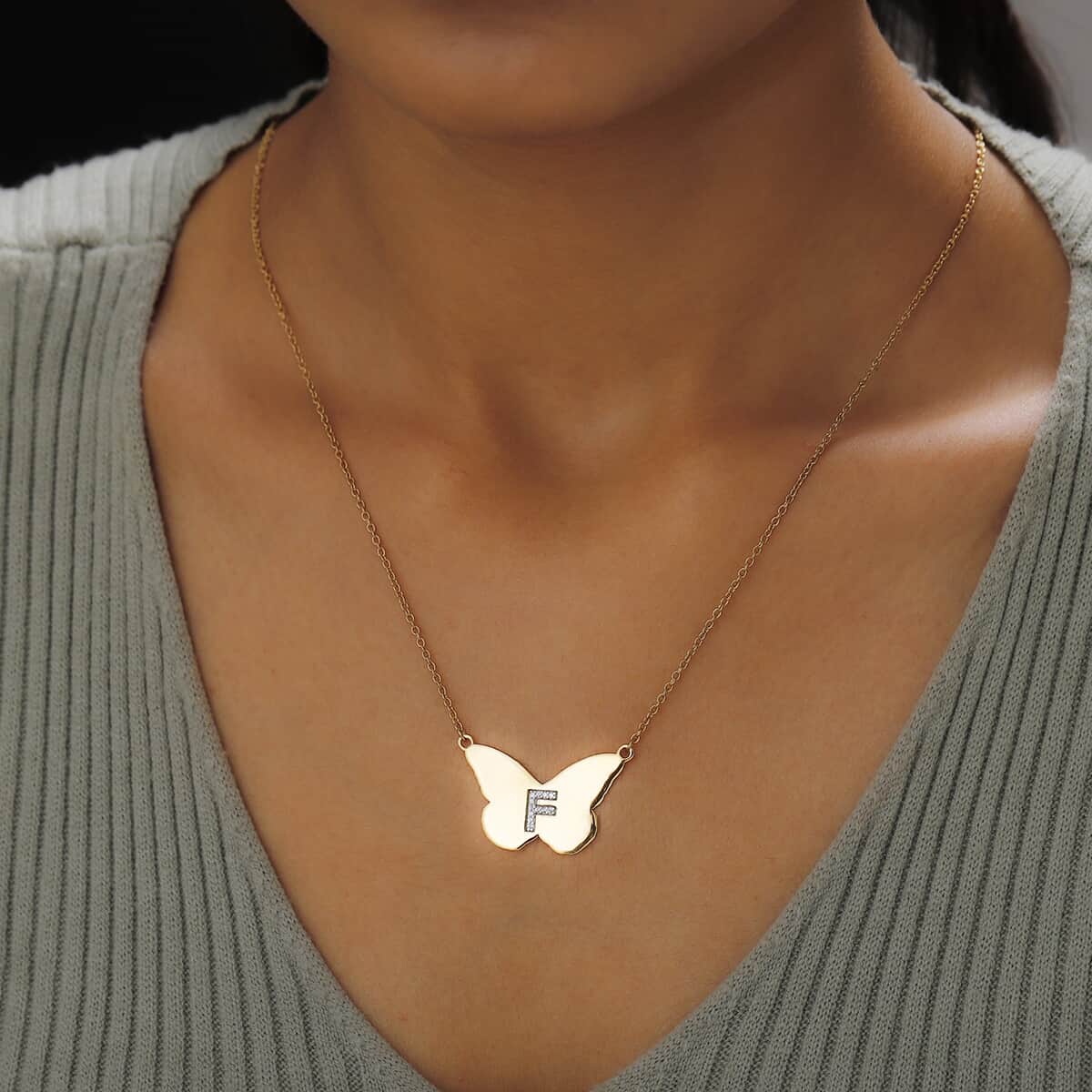 KARIS Zircon Butterfly Initial F Necklace (18 Inches) in 18K YG Plated and ION Plated YG Stainless Steel 0.10 ctw image number 2