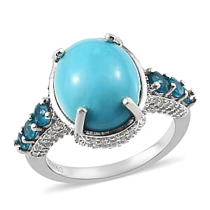 AMERICAN Natural Sleeping Beauty Turquoise and Multi Gemstone Ring in Platinum Over Sterling Silver (Size 7.0) 5.25 ctw