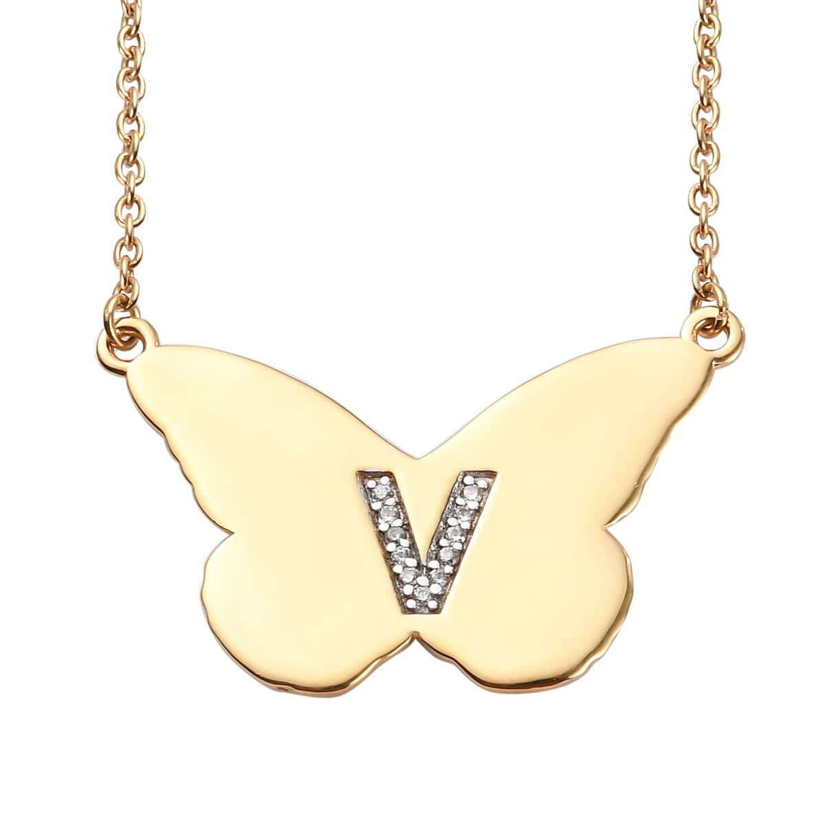 KARIS Zircon Butterfly Initial V Necklace (18 Inches) in 18K YG Plated and ION Plated YG Stainless Steel 0.10 ctw image number 0