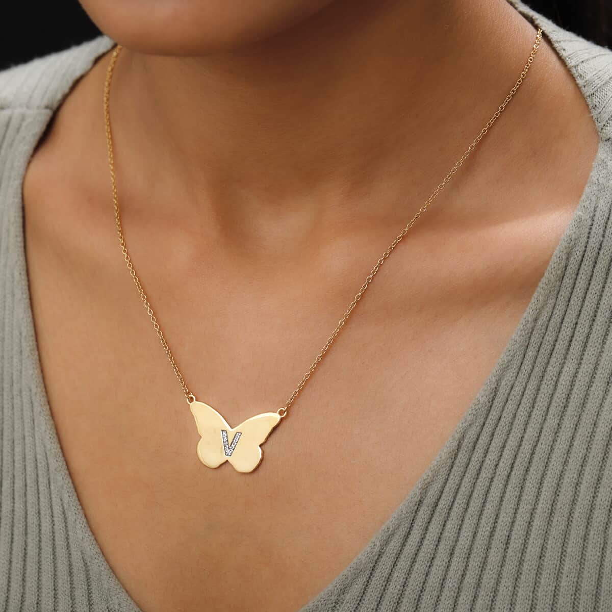 KARIS Zircon Butterfly Initial V Necklace (18 Inches) in 18K YG Plated and ION Plated YG Stainless Steel 0.10 ctw image number 2
