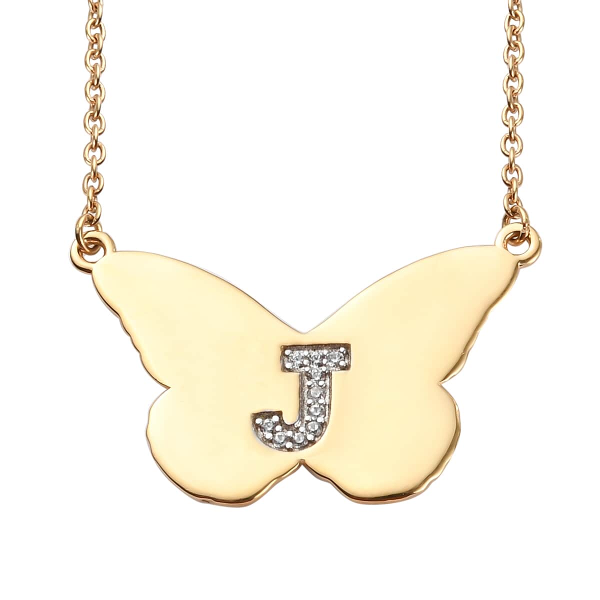 KARIS Zircon Butterfly Initial J Necklace (18 Inches) in 18K YG Plated and ION Plated YG Stainless Steel 0.10 ctw image number 0