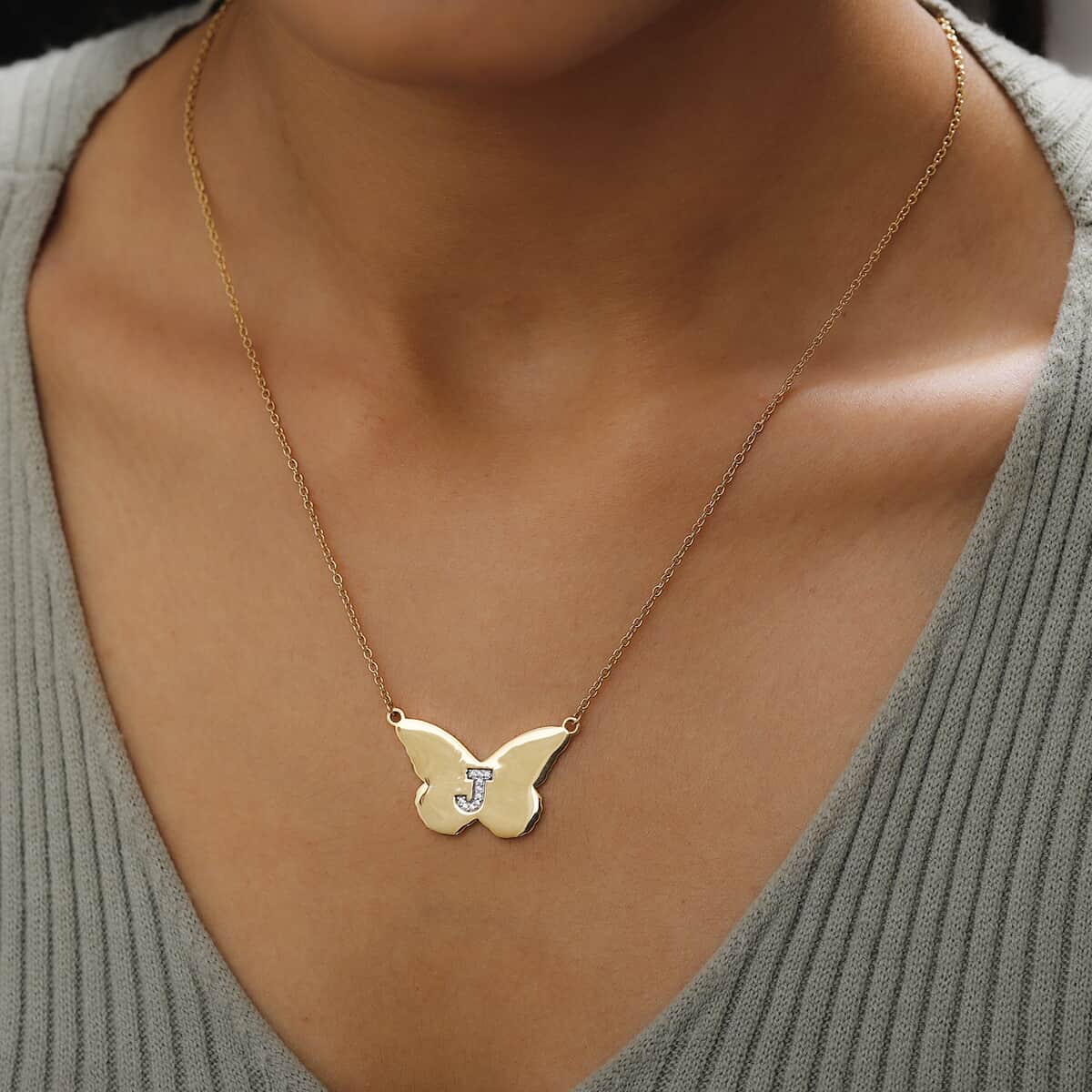 KARIS Zircon Butterfly Initial J Necklace (18 Inches) in 18K YG Plated and ION Plated YG Stainless Steel 0.10 ctw image number 2