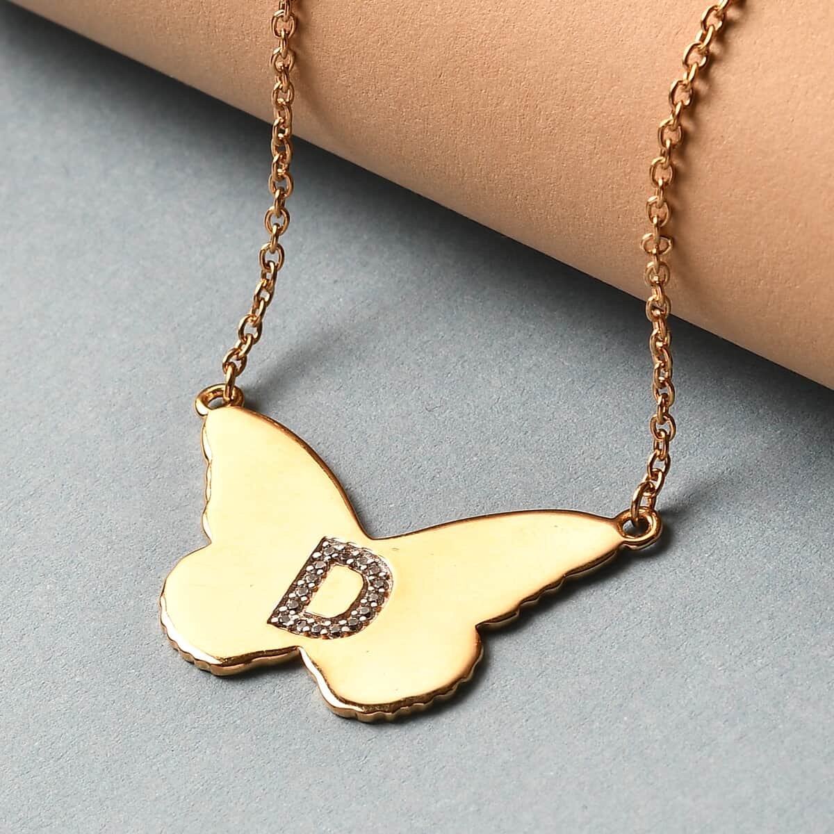 KARIS Zircon Butterfly Initial D Necklace (18 Inches) in 18K YG Plated and ION Plated YG Stainless Steel 0.20 ctw image number 1