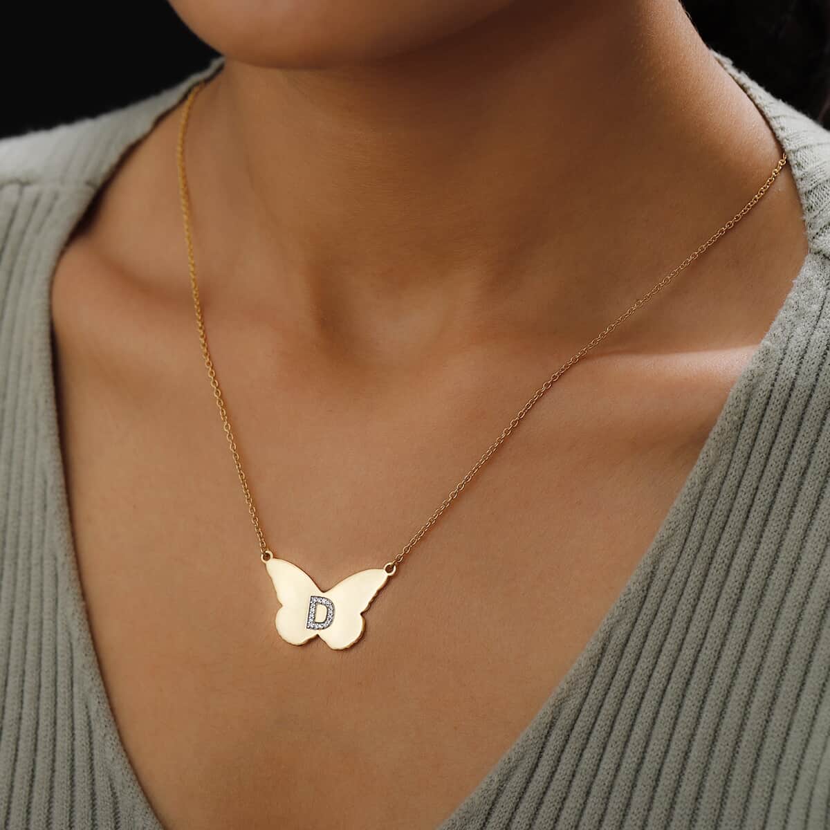 KARIS Zircon Butterfly Initial D Necklace (18 Inches) in 18K YG Plated and ION Plated YG Stainless Steel 0.20 ctw image number 2