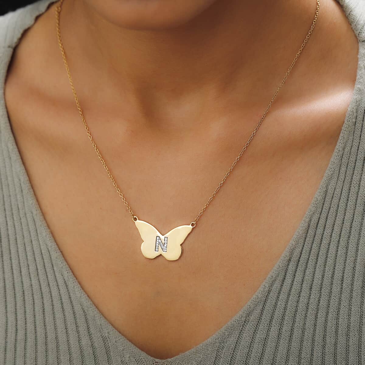 KARIS Zircon Butterfly Initial N Necklace (18 Inches) in 18K YG Plated and ION Plated YG Stainless Steel 0.15 ctw image number 2