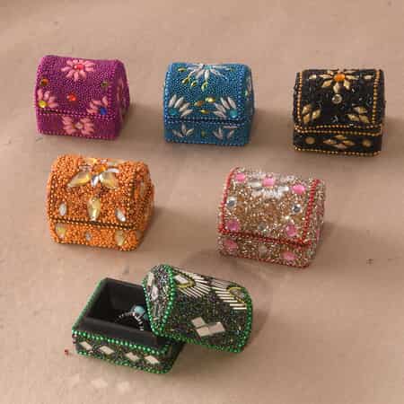 Handcrafted Set of 6 Golden, Multi Color Beaded Mini Chests image number 1