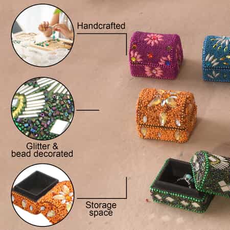 Handcrafted Set of 6 Golden, Multi Color Beaded Mini Chests image number 2