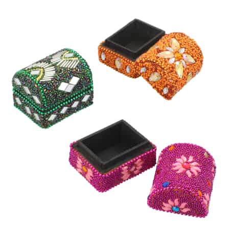 Handcrafted Set of 6 Golden, Multi Color Beaded Mini Chests image number 4