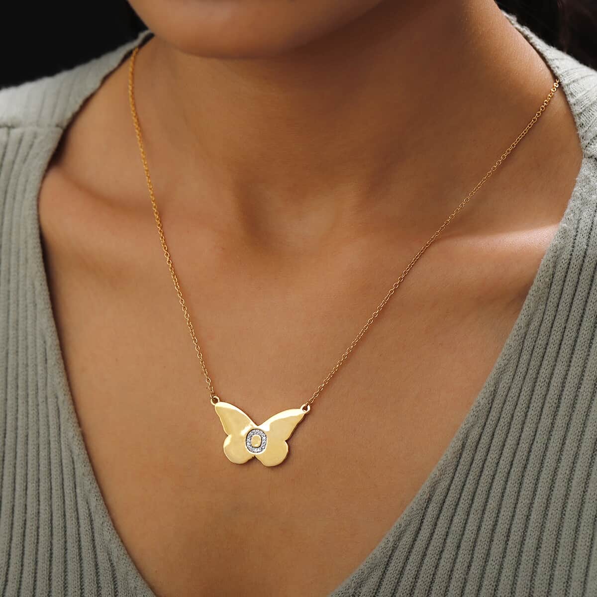 KARIS Zircon Butterfly Initial O Necklace (18 Inches) in 18K YG Plated and ION Plated YG Stainless Steel 0.15 ctw image number 2