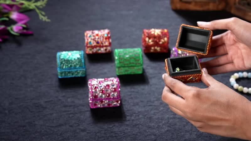 Set of 7 Handcrafted Multi Color Mini Jewelry Box Beads Gemstone Decoration Small Jewelry Keepsake Boxes Treasure Chest Wooden Box