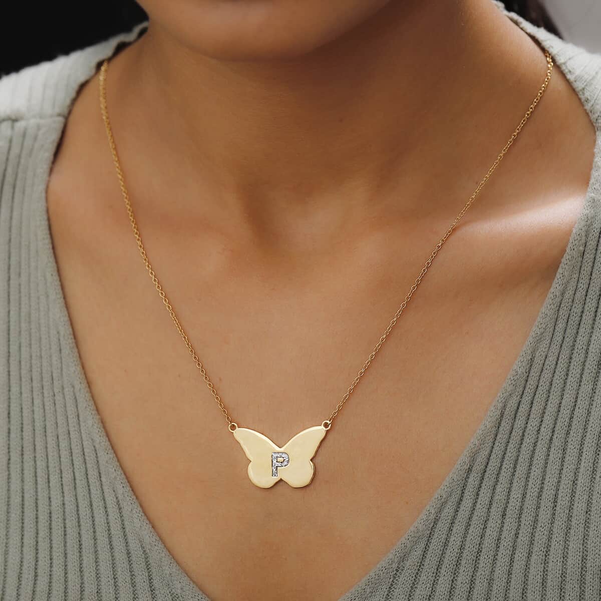 KARIS Zircon Butterfly Initial P Necklace (18 Inches) in 18K YG Plated and ION Plated YG Stainless Steel 0.10 ctw image number 2