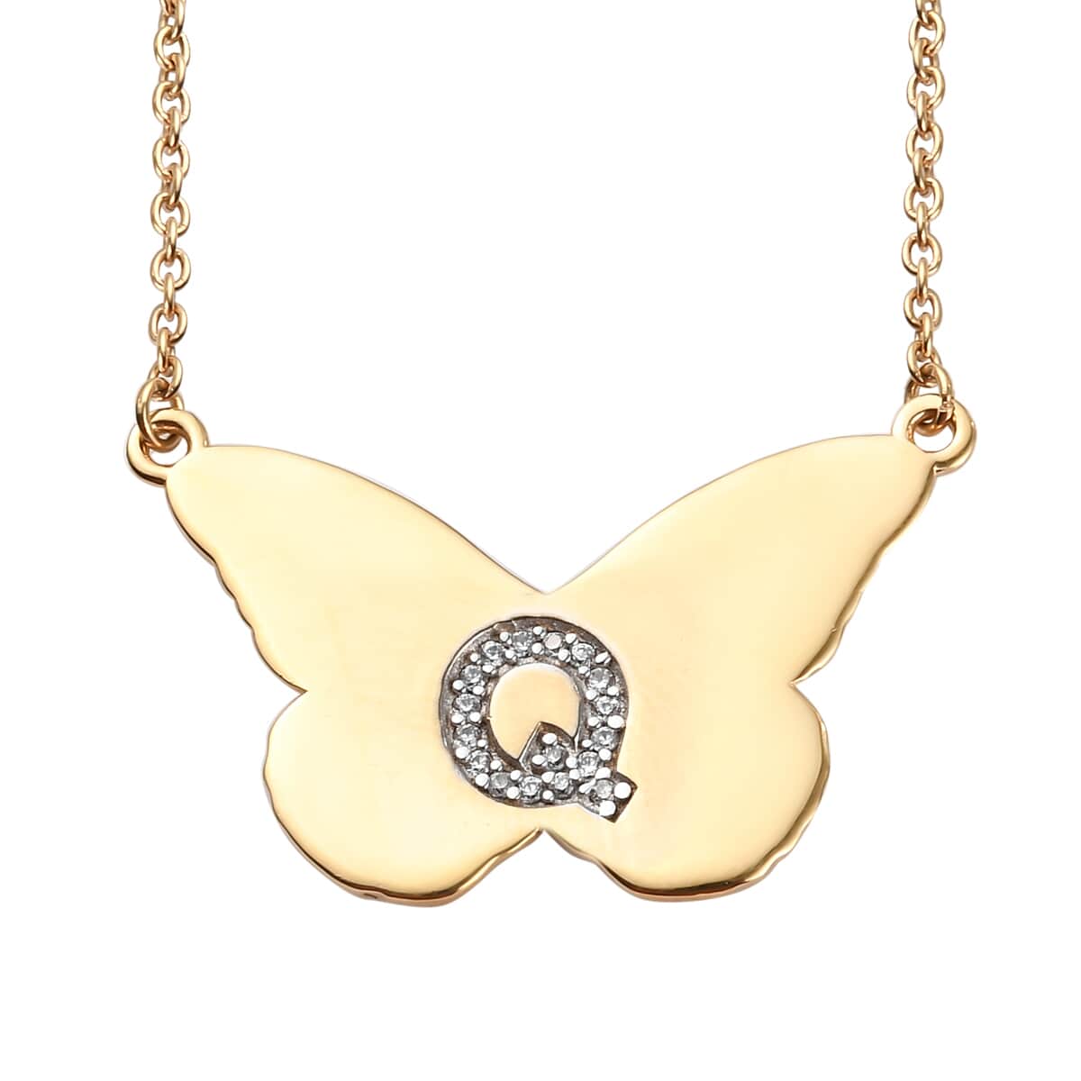 KARIS Zircon Butterfly Initial Q Necklace (18 Inches) in 18K YG Plated and ION Plated YG Stainless Steel 0.15 ctw image number 0