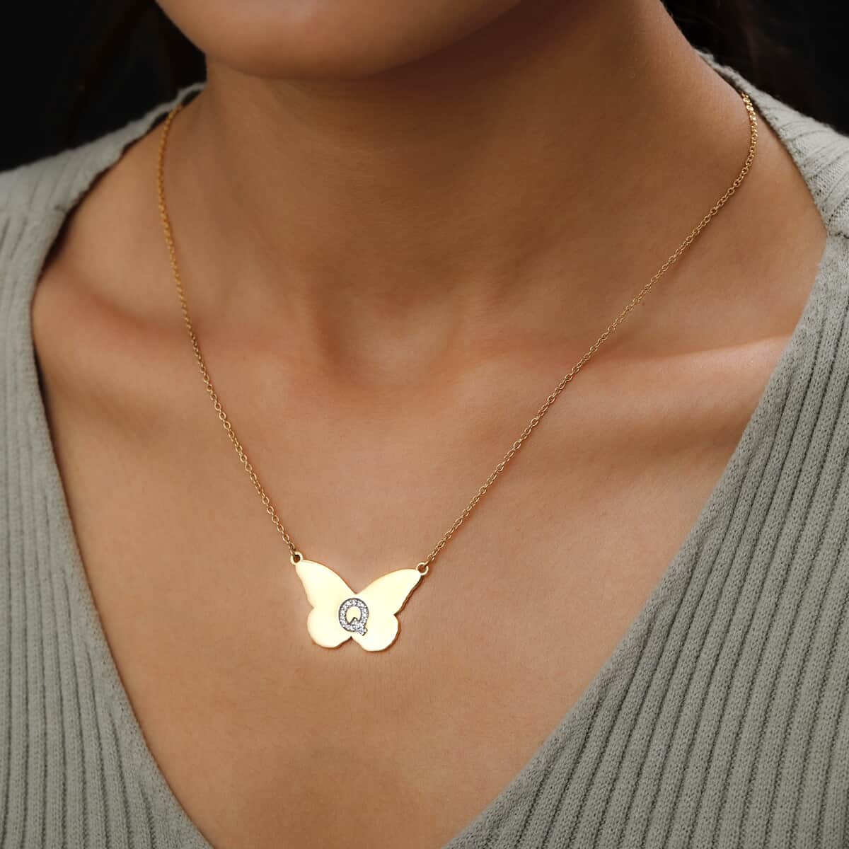 KARIS Zircon Butterfly Initial Q Necklace (18 Inches) in 18K YG Plated and ION Plated YG Stainless Steel 0.15 ctw image number 2
