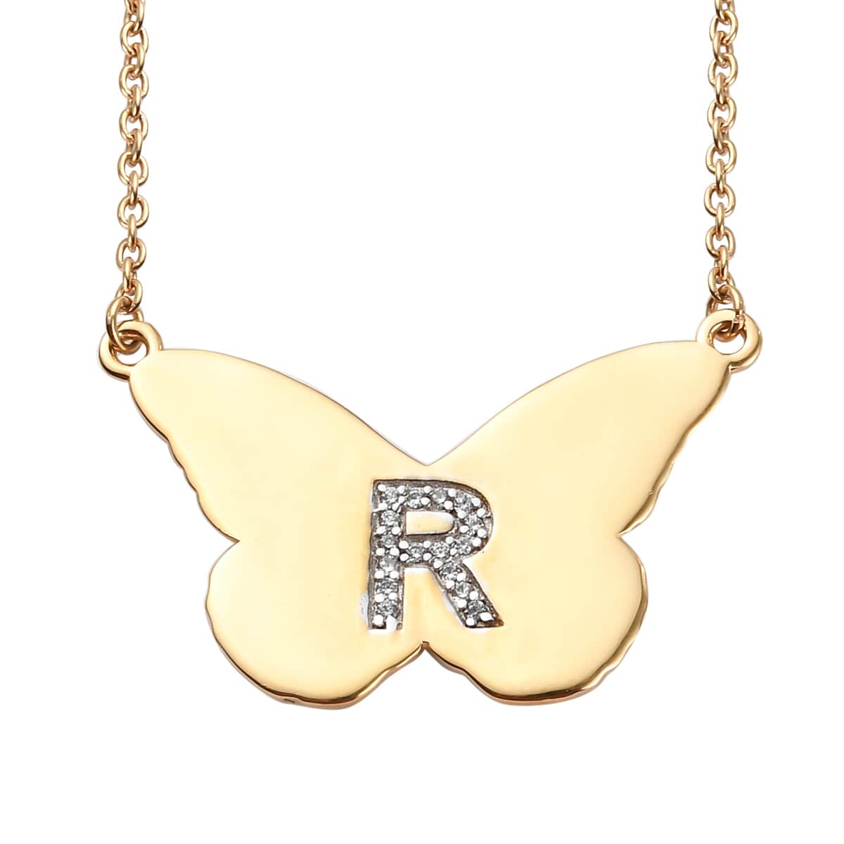 Karis Zircon Butterfly Initial R Necklace (18 Inches) in 18K YG Plated and ION Plated YG Stainless Steel 0.15 ctw image number 0