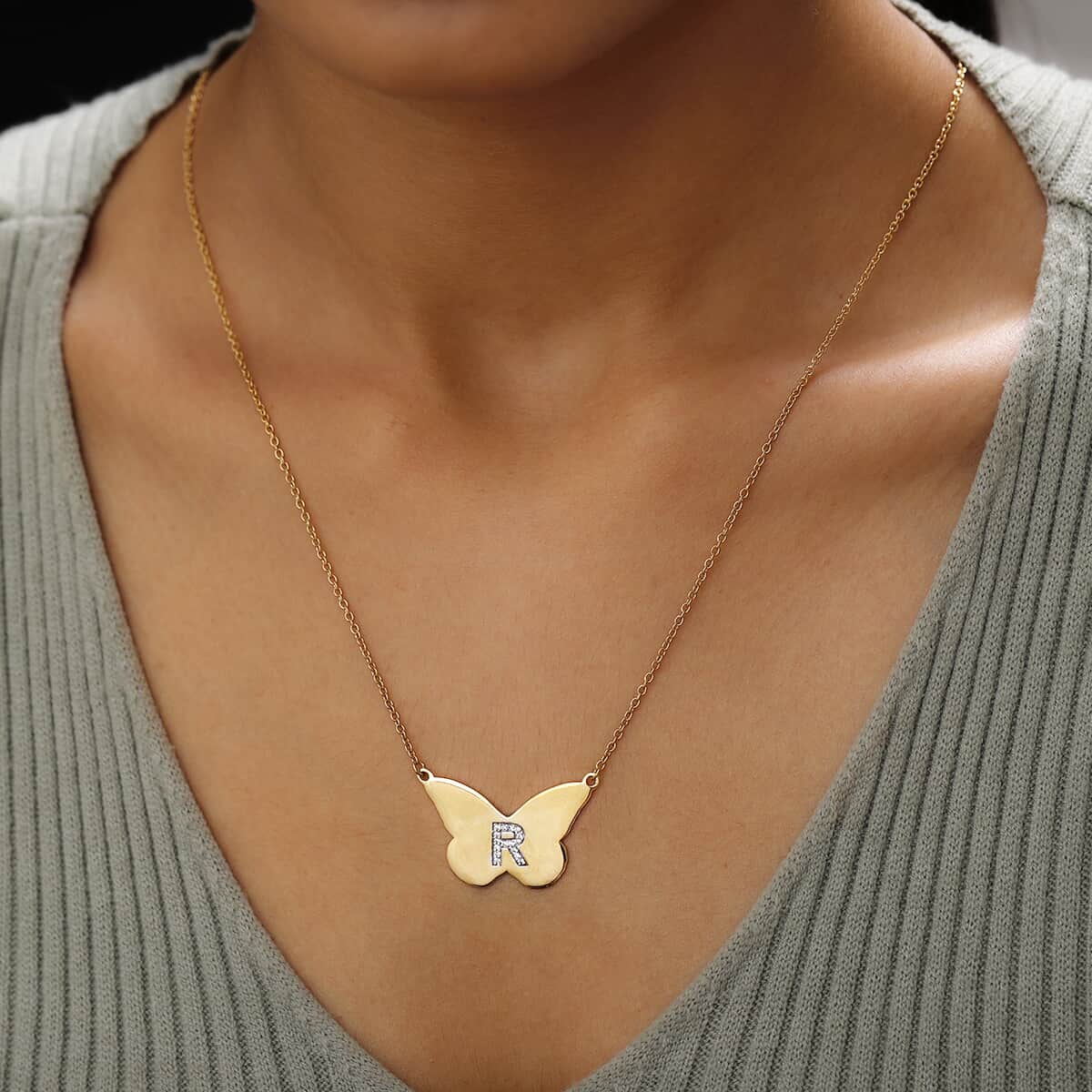 Karis Zircon Butterfly Initial R Necklace (18 Inches) in 18K YG Plated and ION Plated YG Stainless Steel 0.15 ctw image number 2