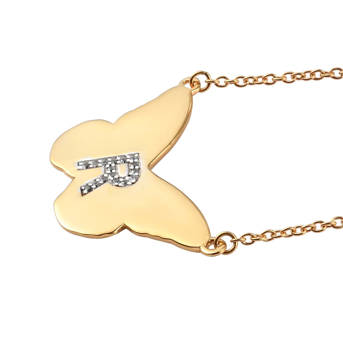 Karis Zircon Butterfly Initial R Necklace (18 Inches) in 18K YG Plated and ION Plated YG Stainless Steel 0.15 ctw image number 4
