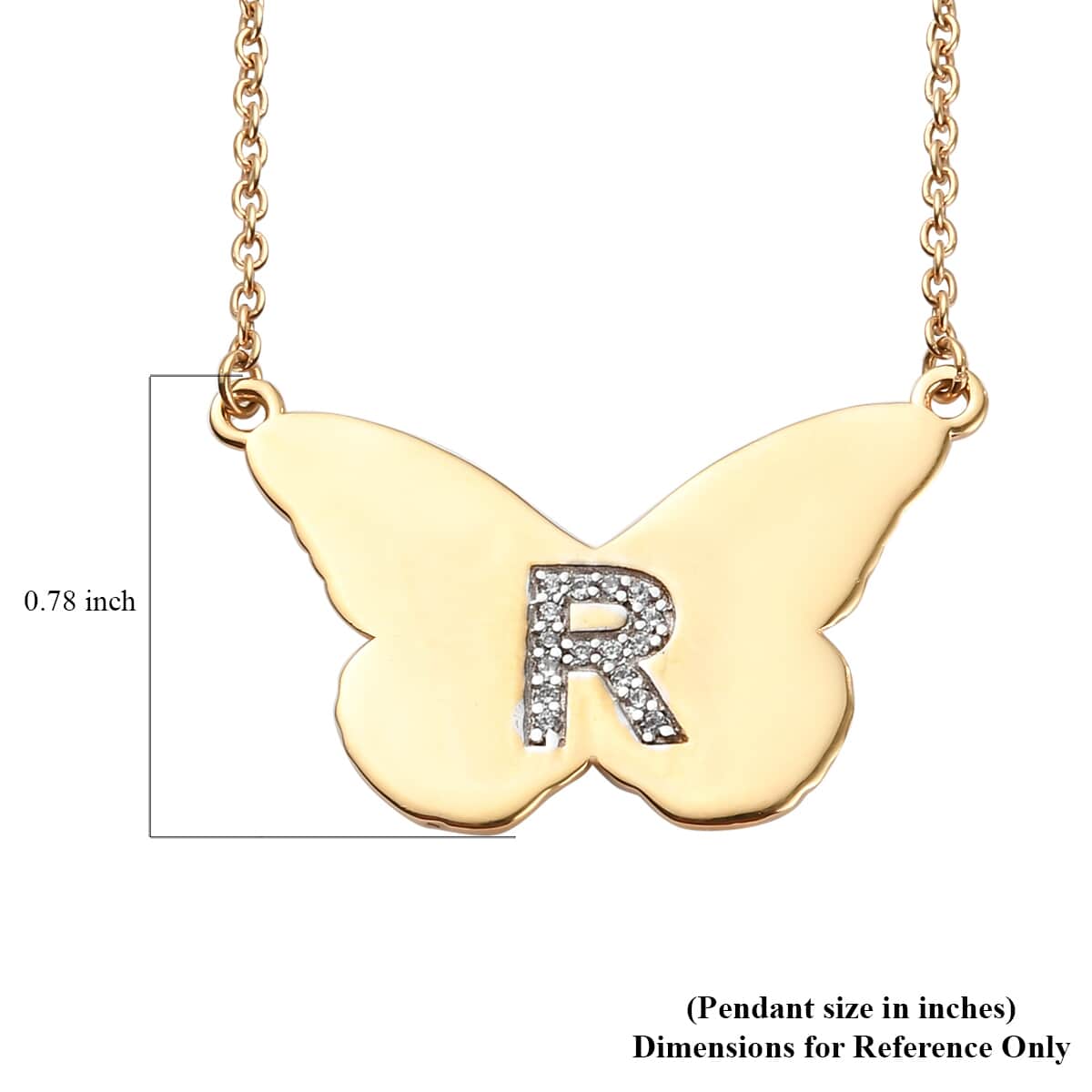 Karis Zircon Butterfly Initial R Necklace (18 Inches) in 18K YG Plated and ION Plated YG Stainless Steel 0.15 ctw image number 5