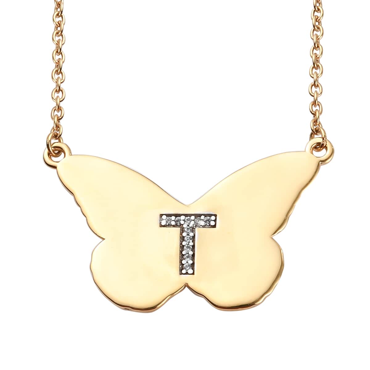 KARIS Zircon Butterfly Initial T Necklace (18 Inches) in 18K YG Plated and ION Plated YG Stainless Steel 0.10 ctw image number 0