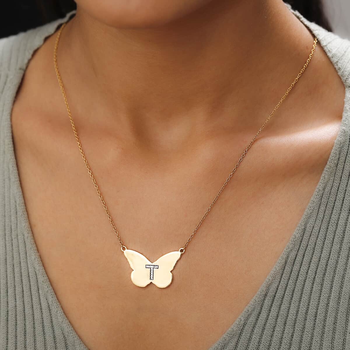 KARIS Zircon Butterfly Initial T Necklace (18 Inches) in 18K YG Plated and ION Plated YG Stainless Steel 0.10 ctw image number 2