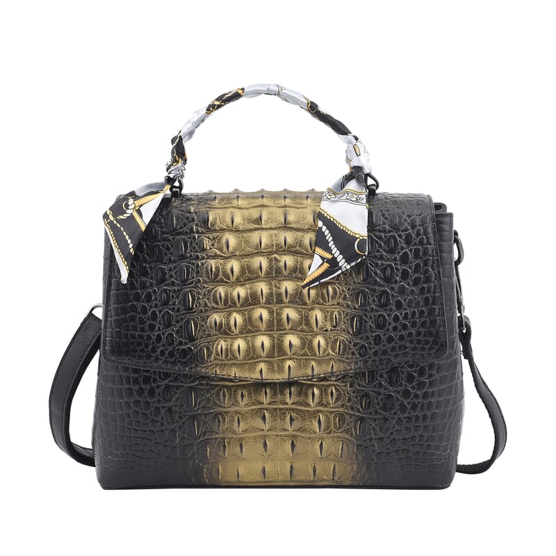 Black with Golden Crocodile Embossed Pattern Genuine Leather Tote Bag