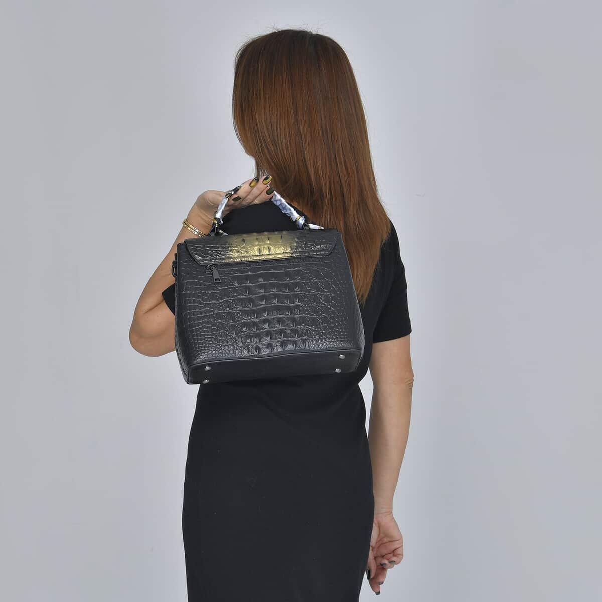 Black with Golden Crocodile Embossed Pattern Genuine Leather Tote Bag image number 2