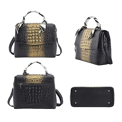 Black with Golden Crocodile Embossed Pattern Genuine Leather Tote Bag