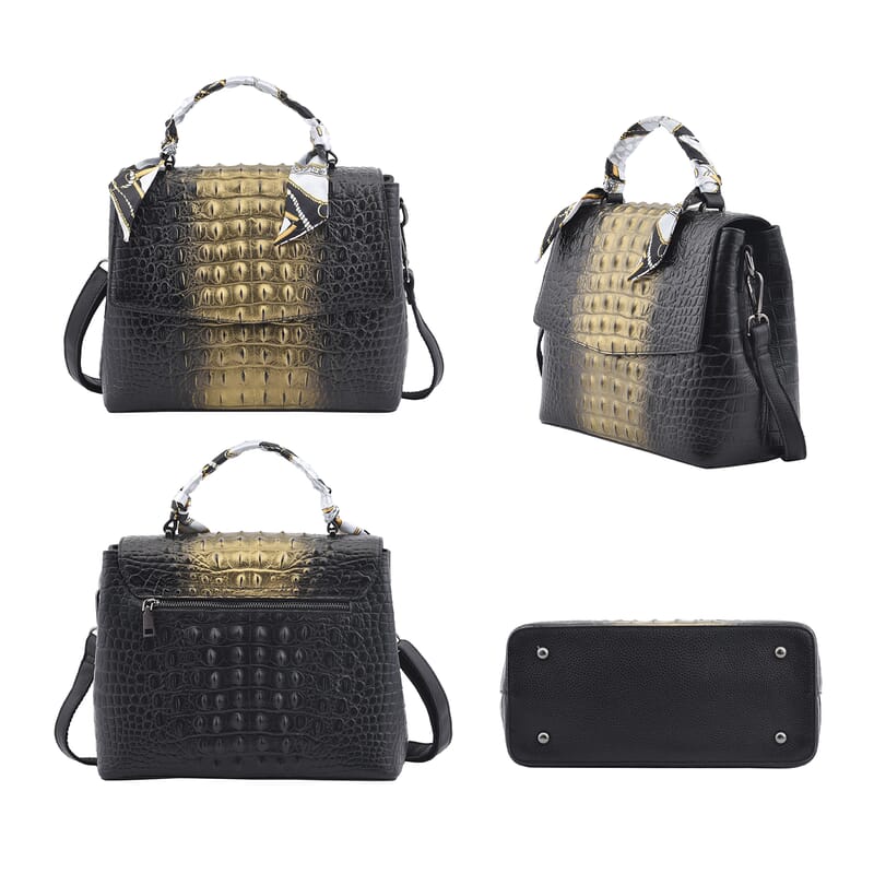 Black with Golden Crocodile Embossed Pattern Genuine Leather Tote Bag