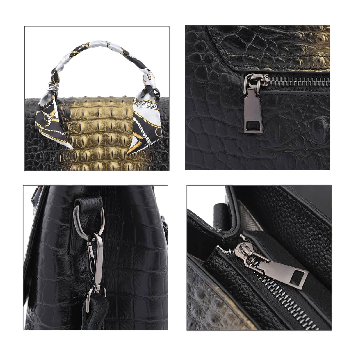 Black with Golden Crocodile Embossed Pattern Genuine Leather Tote Bag image number 4
