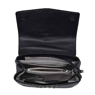 Black with Golden Crocodile Embossed Pattern Genuine Leather Tote Bag