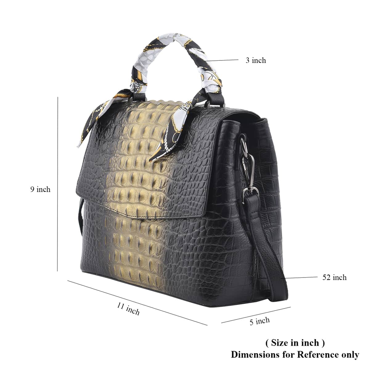 Black with Golden Crocodile Embossed Pattern Genuine Leather Tote Bag image number 6