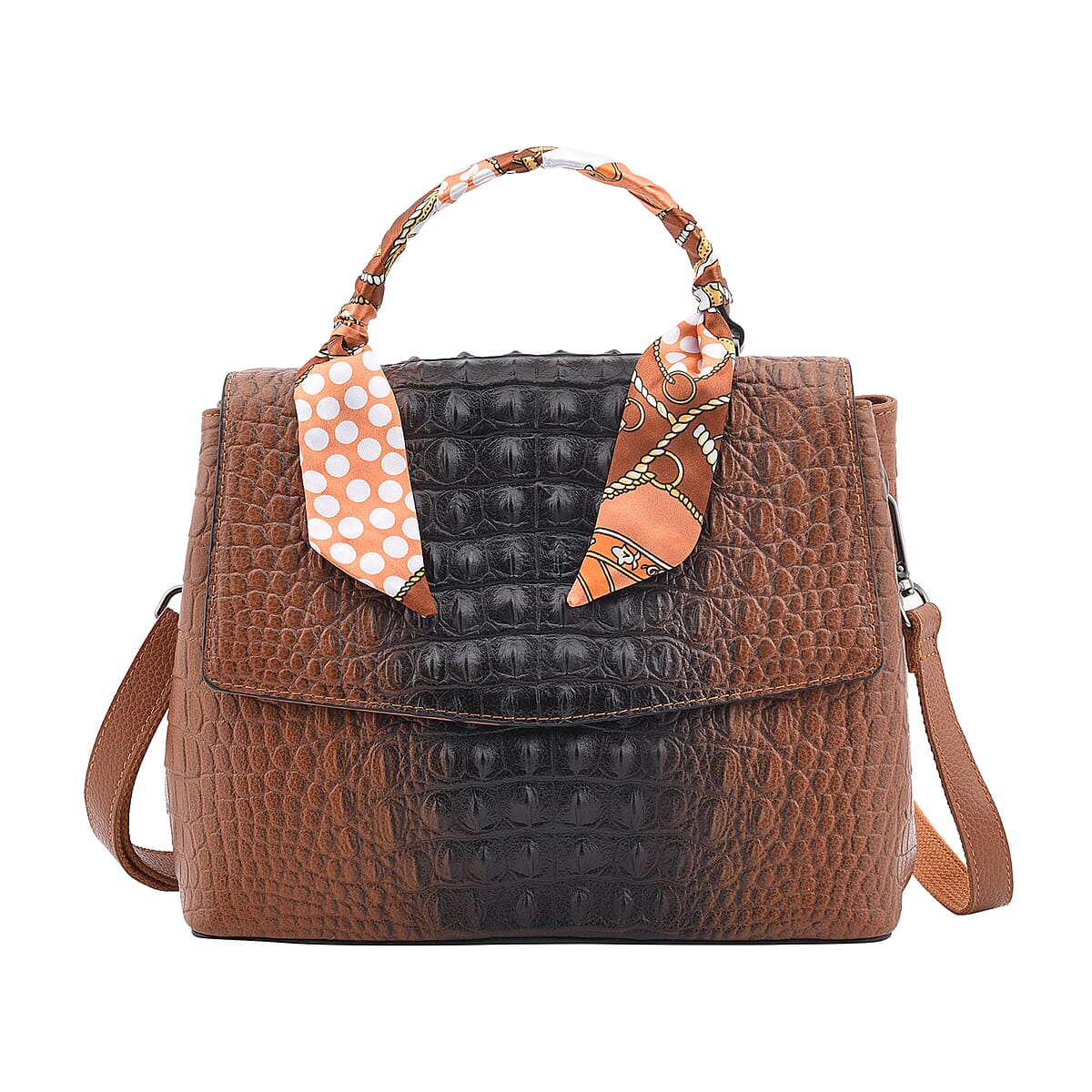Brown with Black Crocodile Embossed Pattern Genuine Leather Tote Bag image number 0