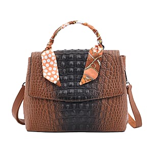 Brown with Black Crocodile Embossed Pattern Genuine Leather Tote Bag