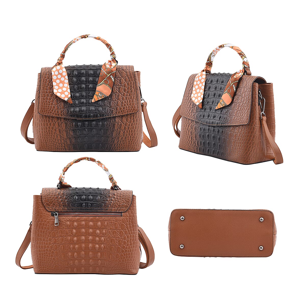 Brown with Black Crocodile Embossed Pattern Genuine Leather Tote Bag image number 3