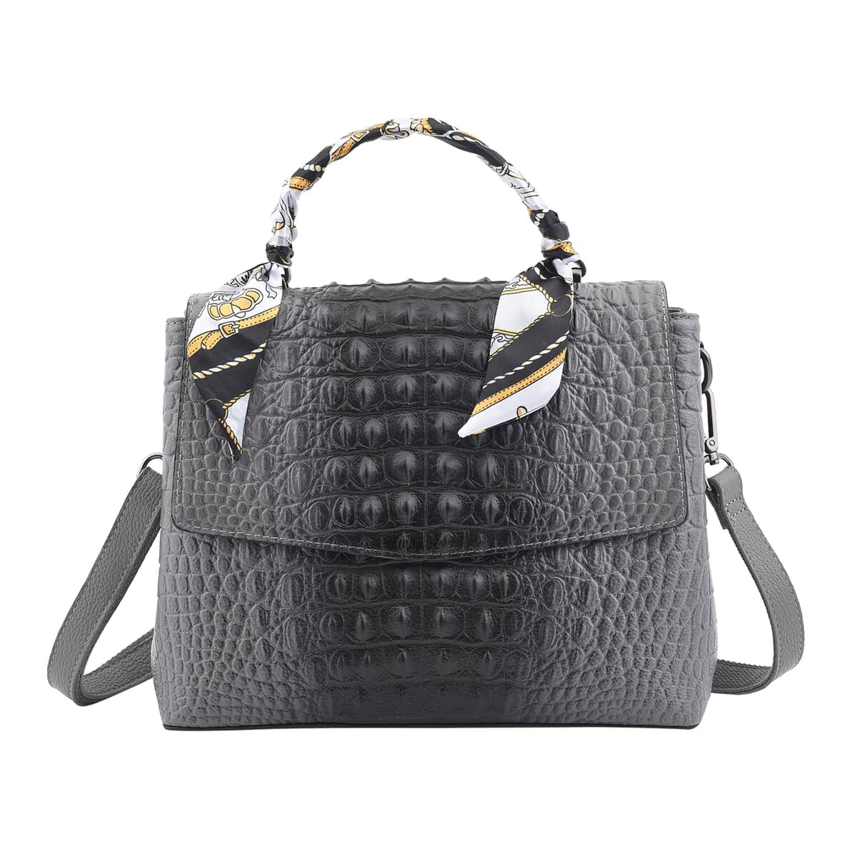 Gray with Black Crocodile Embossed Pattern Genuine Leather Tote Bag with Shoulder Strap image number 0