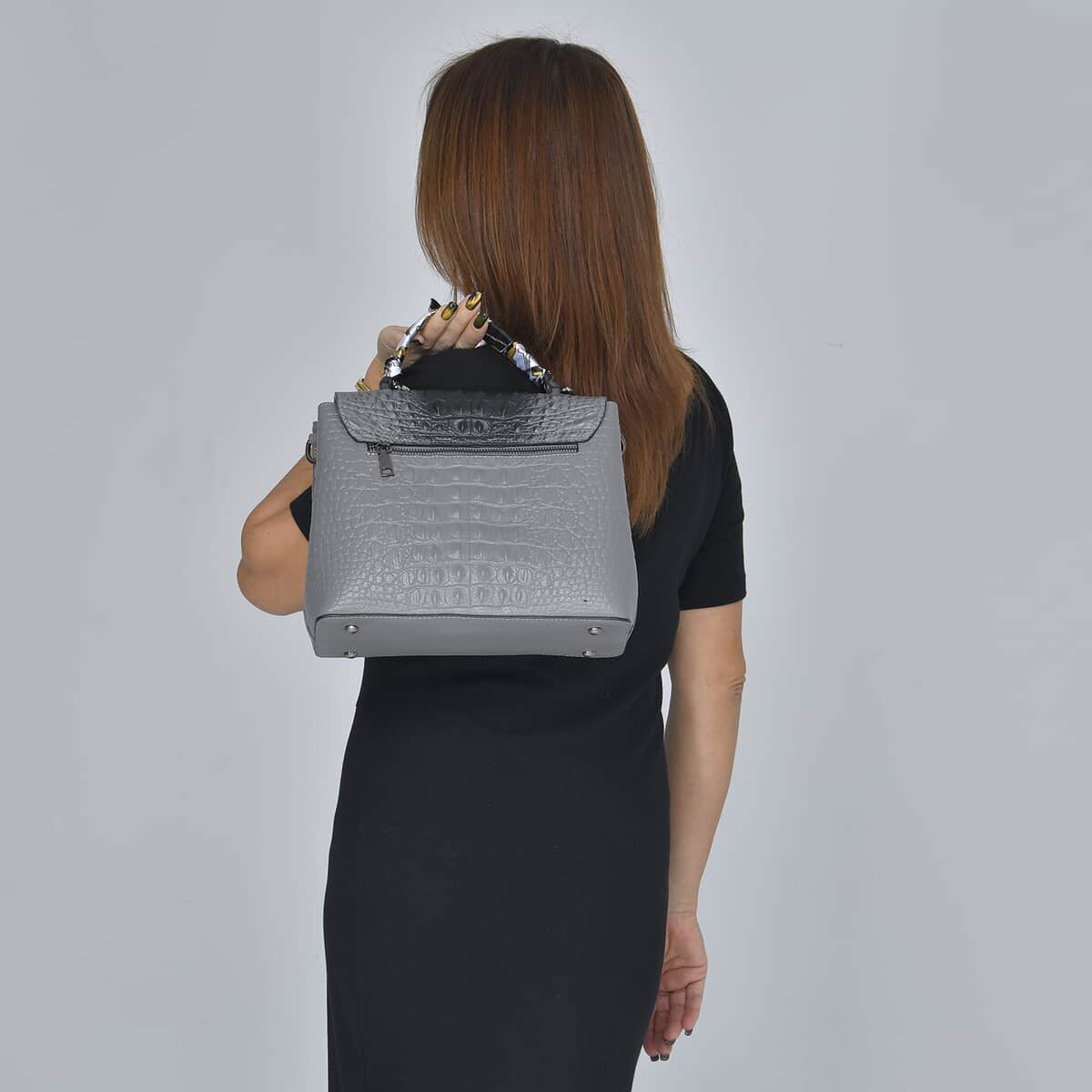 Gray with Black Crocodile Embossed Pattern Genuine Leather Tote Bag with Shoulder Strap image number 2
