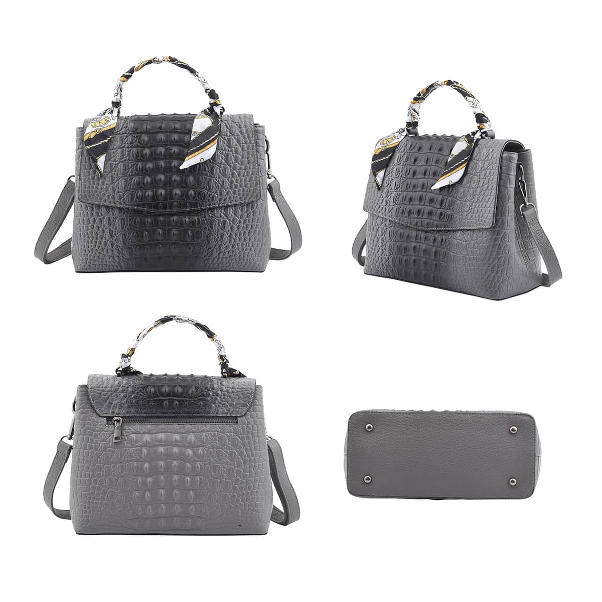 Gray with Black Crocodile Embossed Pattern Genuine Leather Tote Bag with Shoulder Strap image number 3