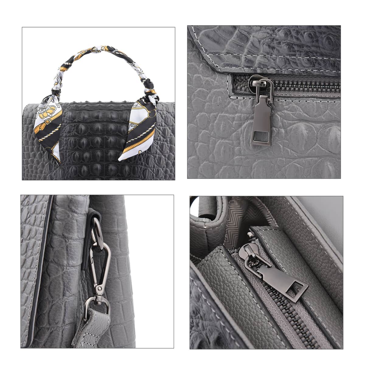 Gray with Black Crocodile Embossed Pattern Genuine Leather Tote Bag with Shoulder Strap image number 4