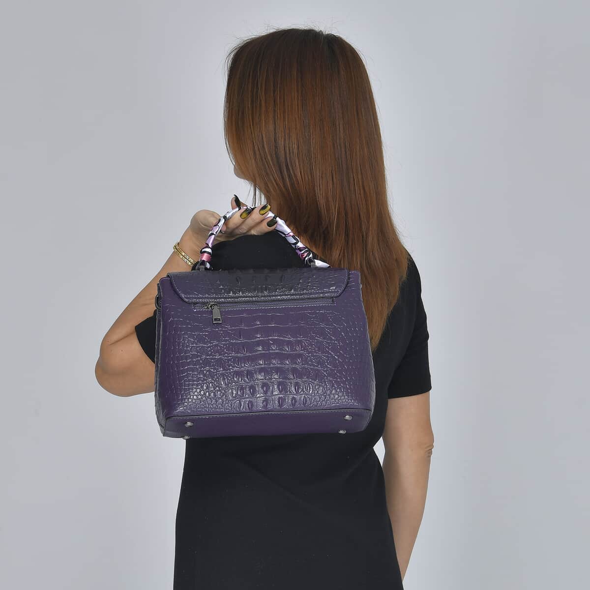 Dark Purple with Black Crocodile Embossed Pattern Genuine Leather Tote Bag image number 2