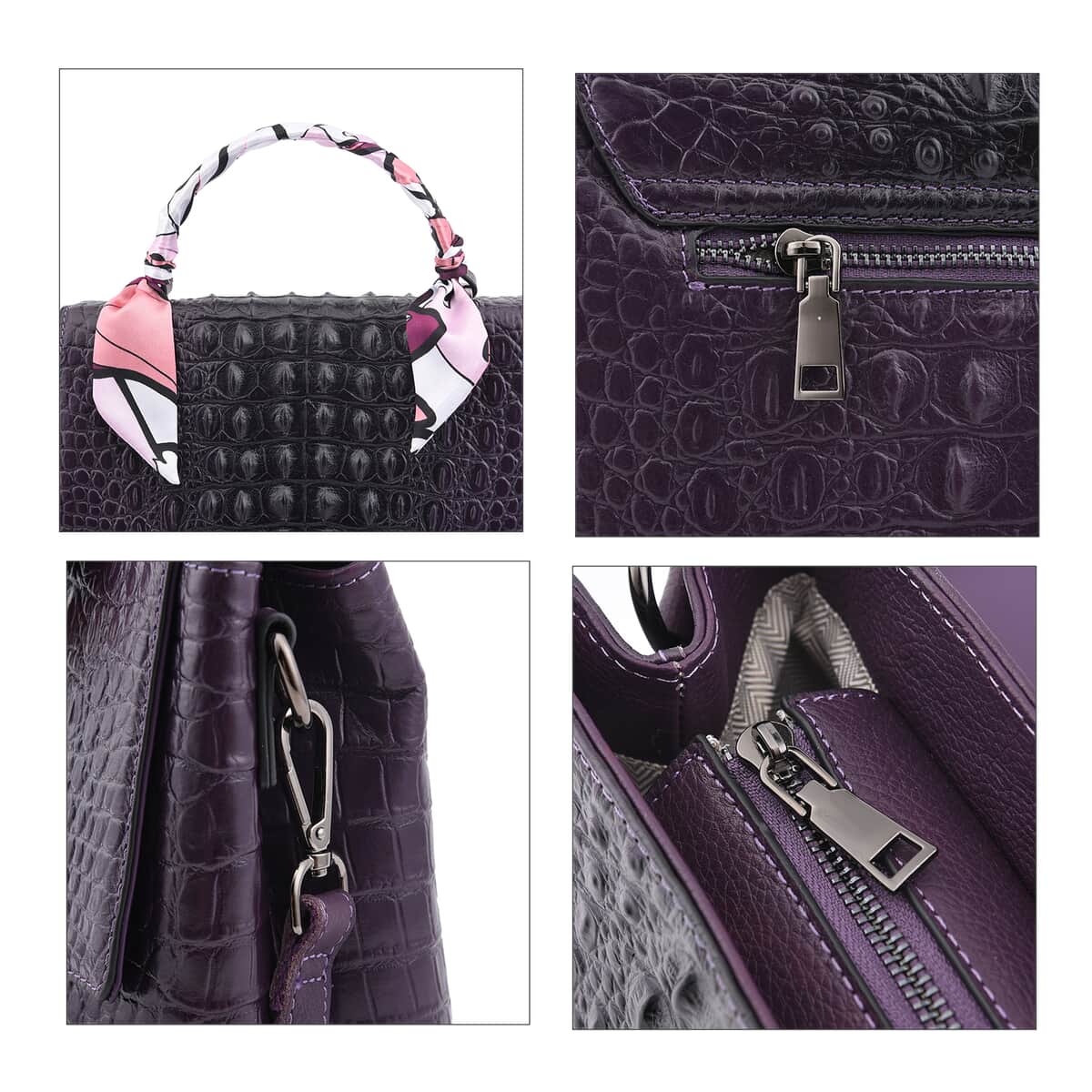 Dark Purple with Black Crocodile Embossed Pattern Genuine Leather Tote Bag image number 4