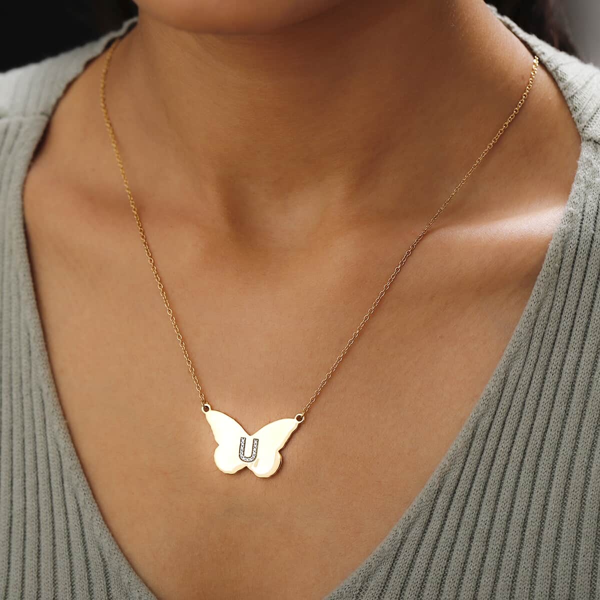 KARIS Zircon Butterfly Initial U Necklace (18 Inches) in 18K YG Plated and ION Plated YG Stainless Steel 0.10 ctw image number 2